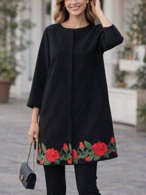 Traffic People Black Rose Appliqué Coat M Romantic Boho Chic Vintage-Inspired